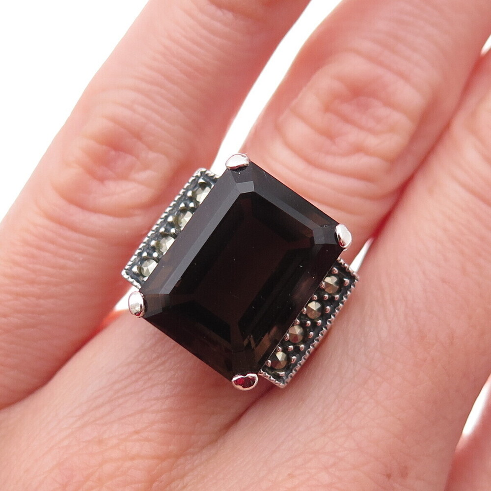 Judith Jack Sterling Silver Vintage Real Smoky Quartz & Marcasite Ring Size 5.5